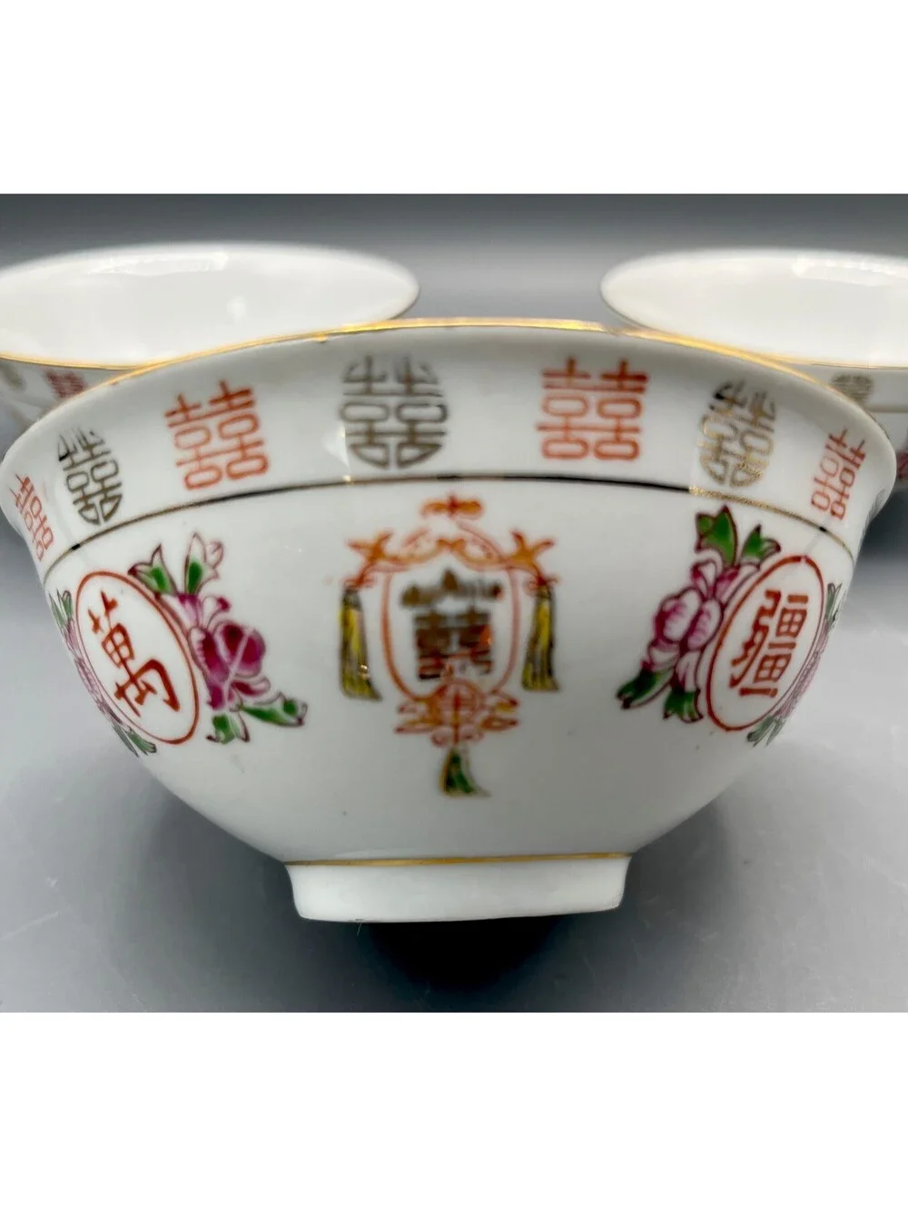 3 Vintage Chinese Porcelain Rice Bowls Double Happiness Longevity Gold Trim
